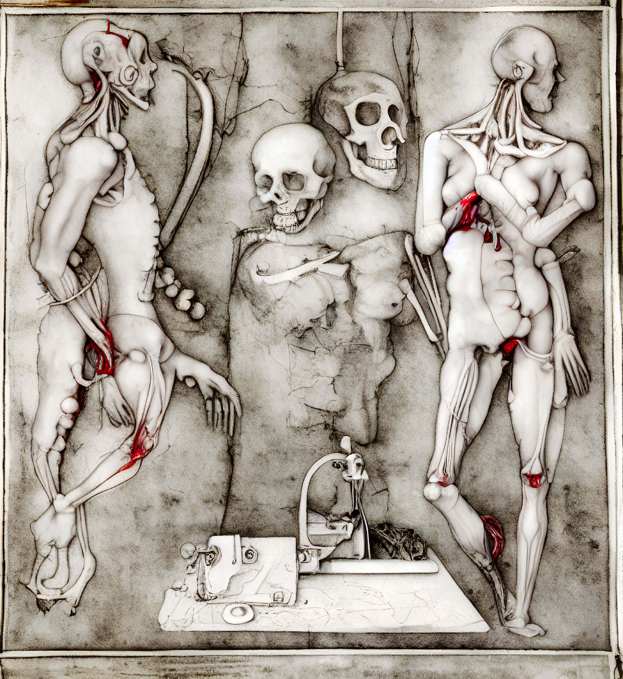 Detailed artistic illustration of trio with exposed musculature and skeletal figure with old-fashioned sewing machine.