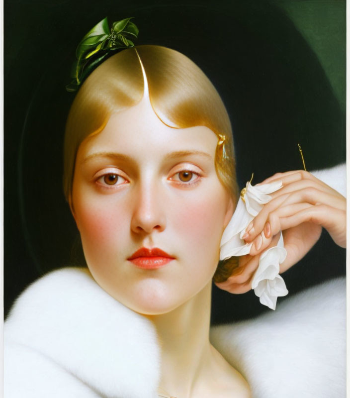 Woman with Bobbed Haircut Holding White Flower in White Fur Coat