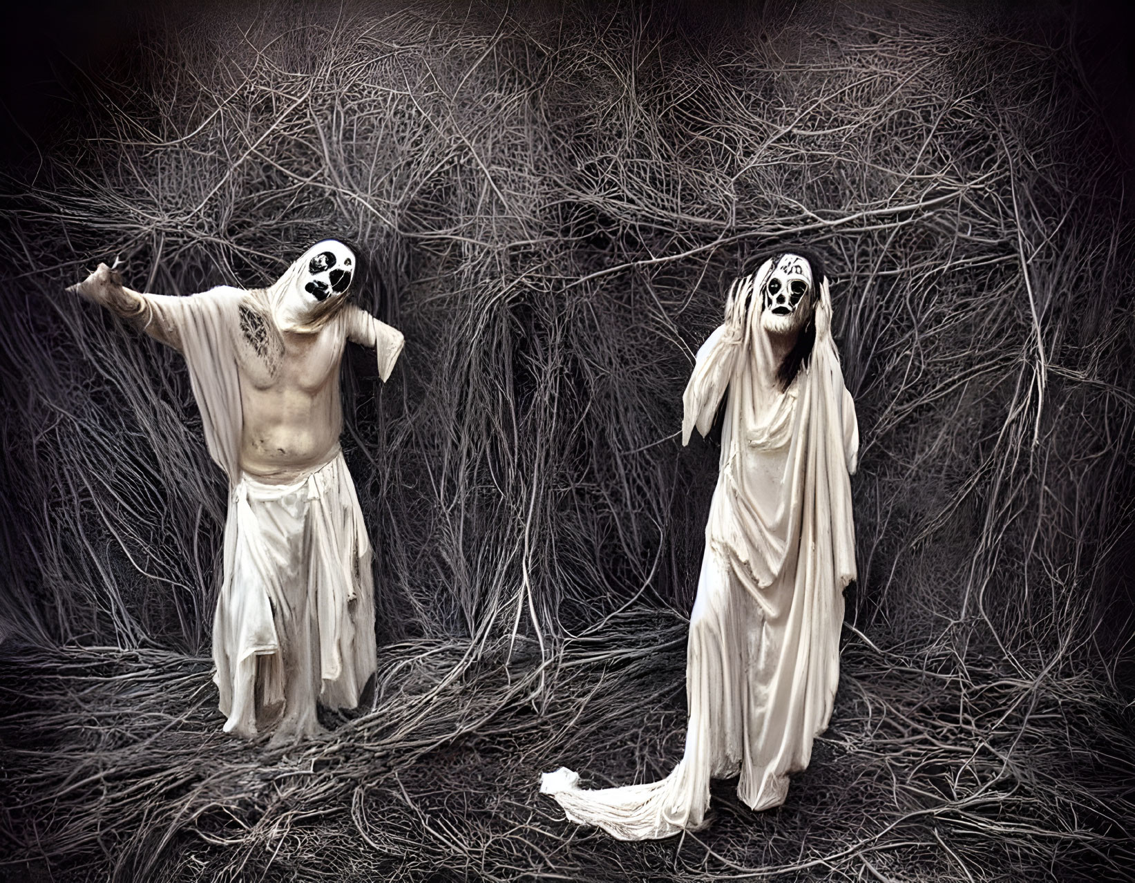 Two Figures in White Robes with Skull Face Paint in Dark, Twig-Filled Setting