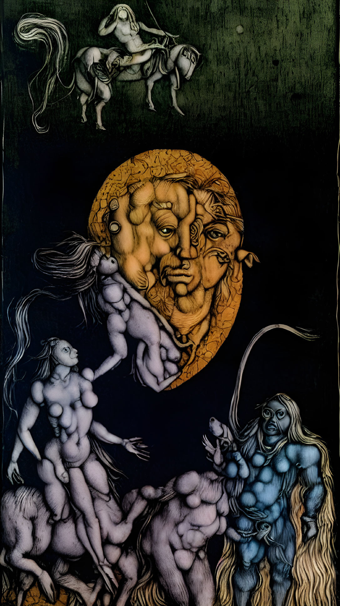 Surreal artwork featuring moon of faces, floating nude figure, blue creature, and white horse rider