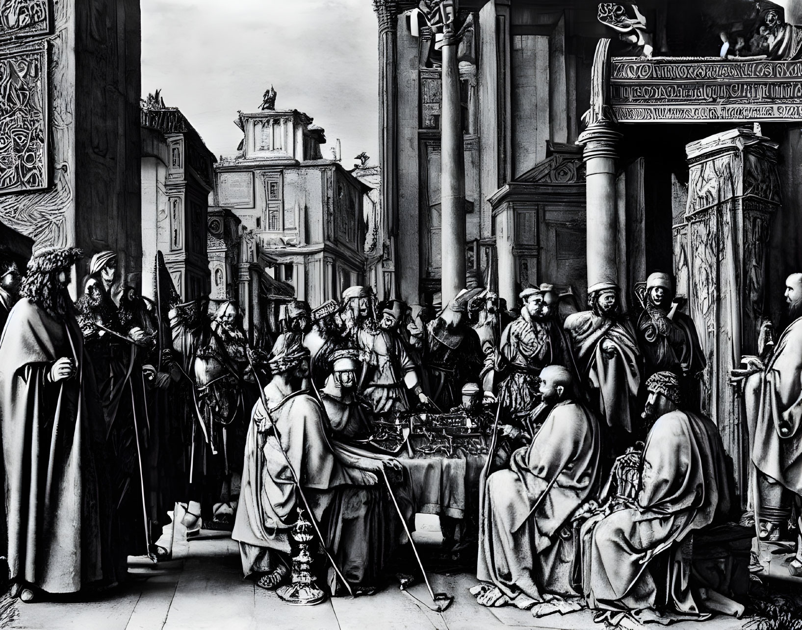 Monochrome historic scene with robed figures in architectural setting