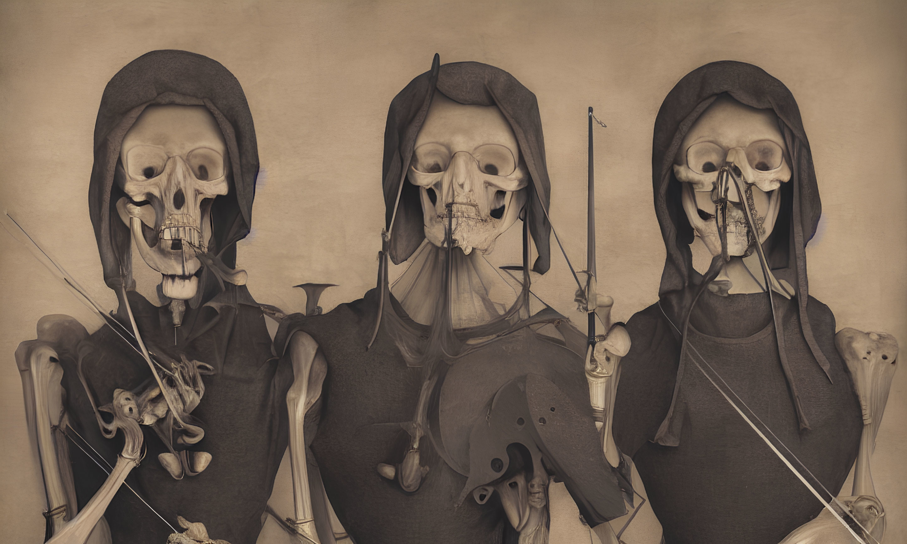 Three hooded figures in skull masks with medieval weapons: bow, flail, and sword