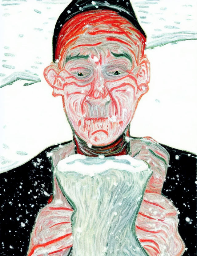 Illustrated Person in Beanie Holding Mug in Snowy Scene