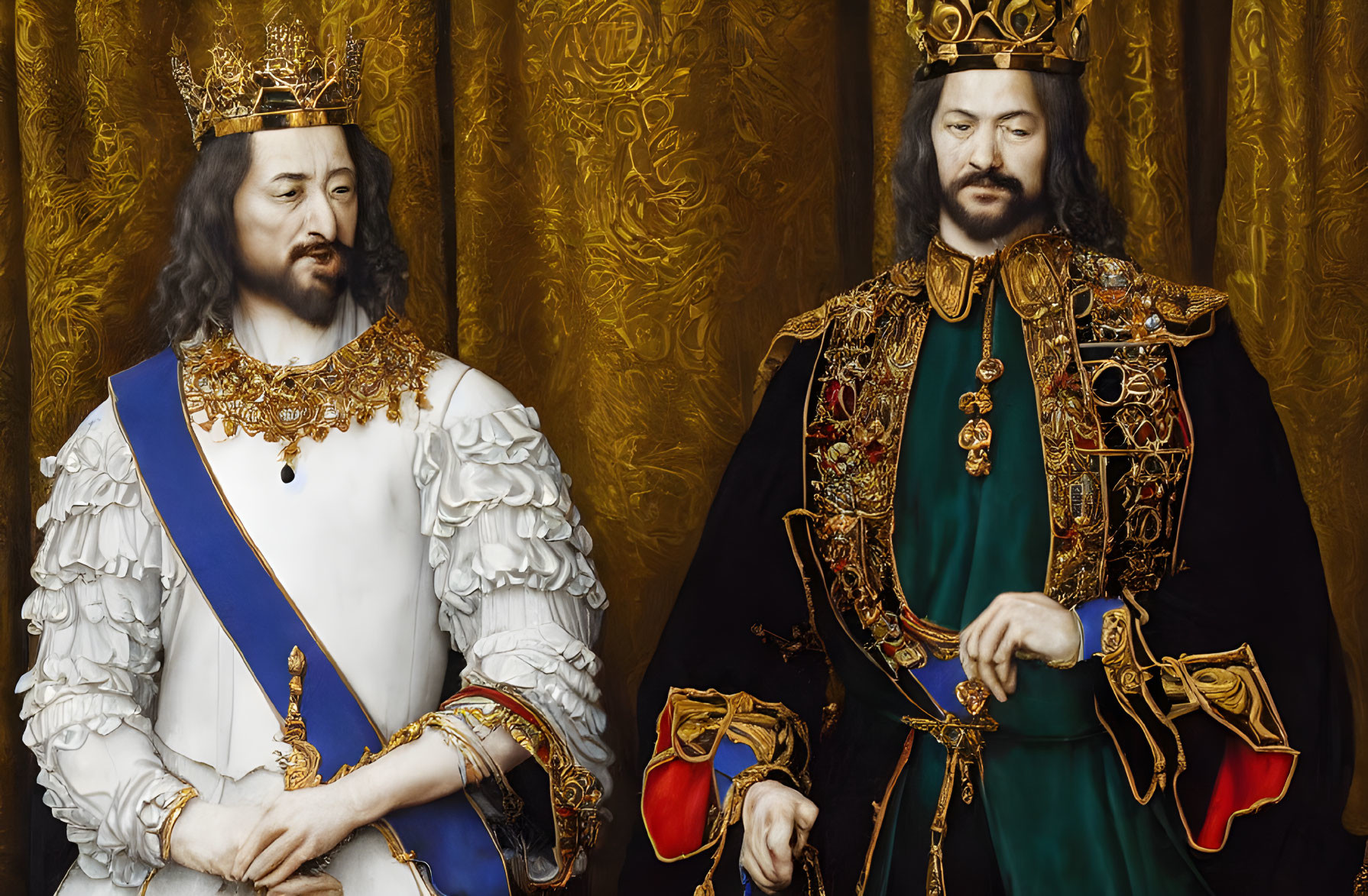 Regal figures in ornate historical costumes with crowns on gold-patterned backdrop