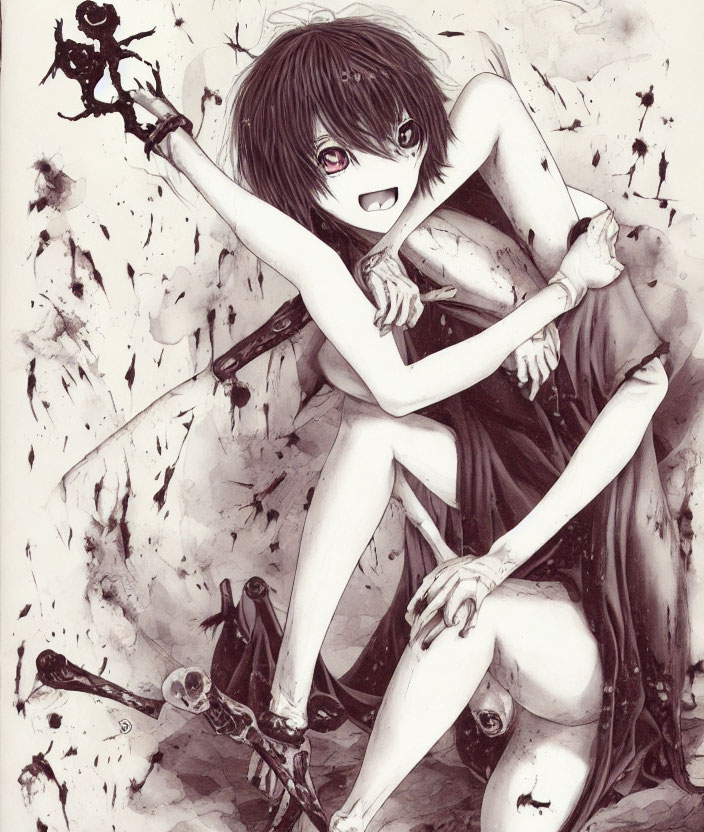 Monochrome anime girl with scythe in a chaotic scene