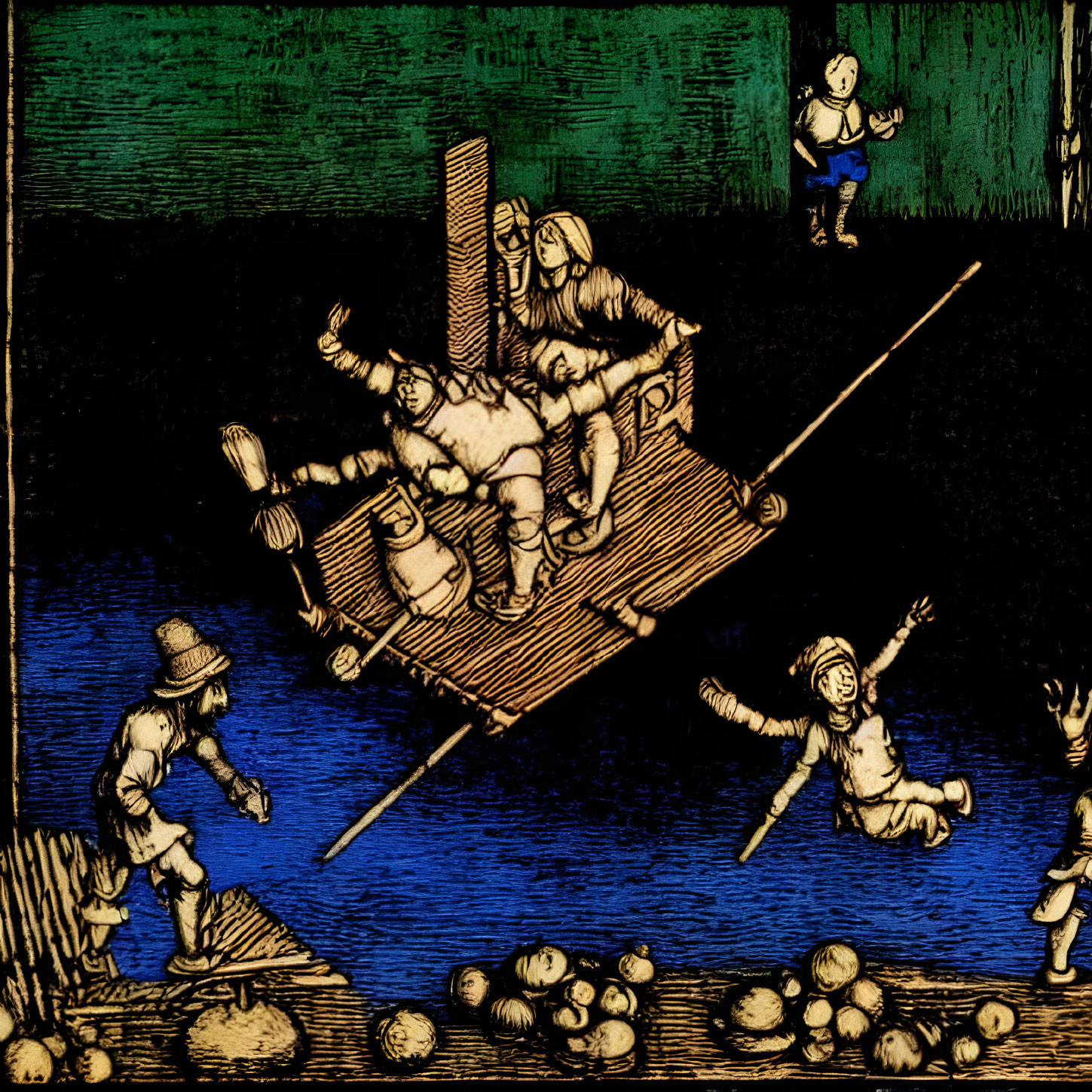 Illustration: People in boat crossing water with others on shore