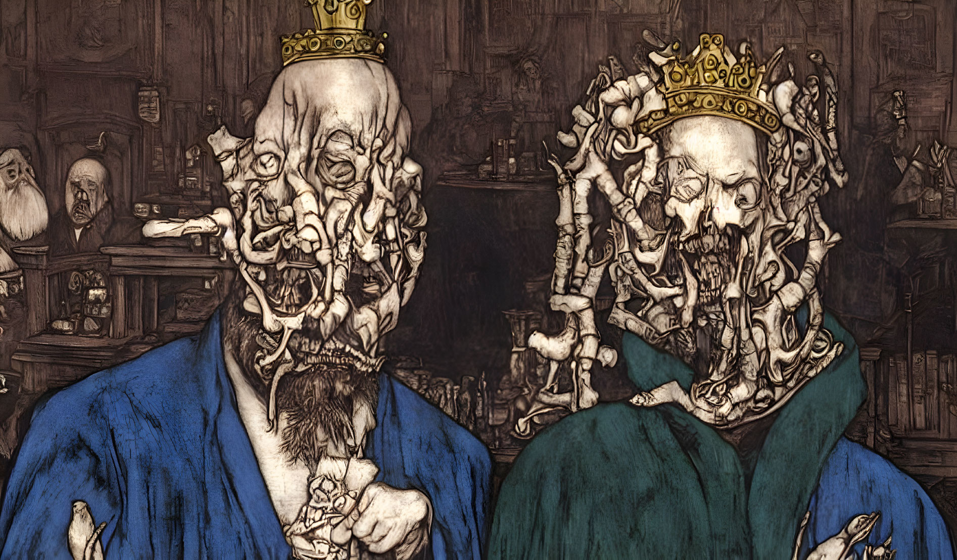 Skeletal figures in royal attire with intricate face designs conversing in a room