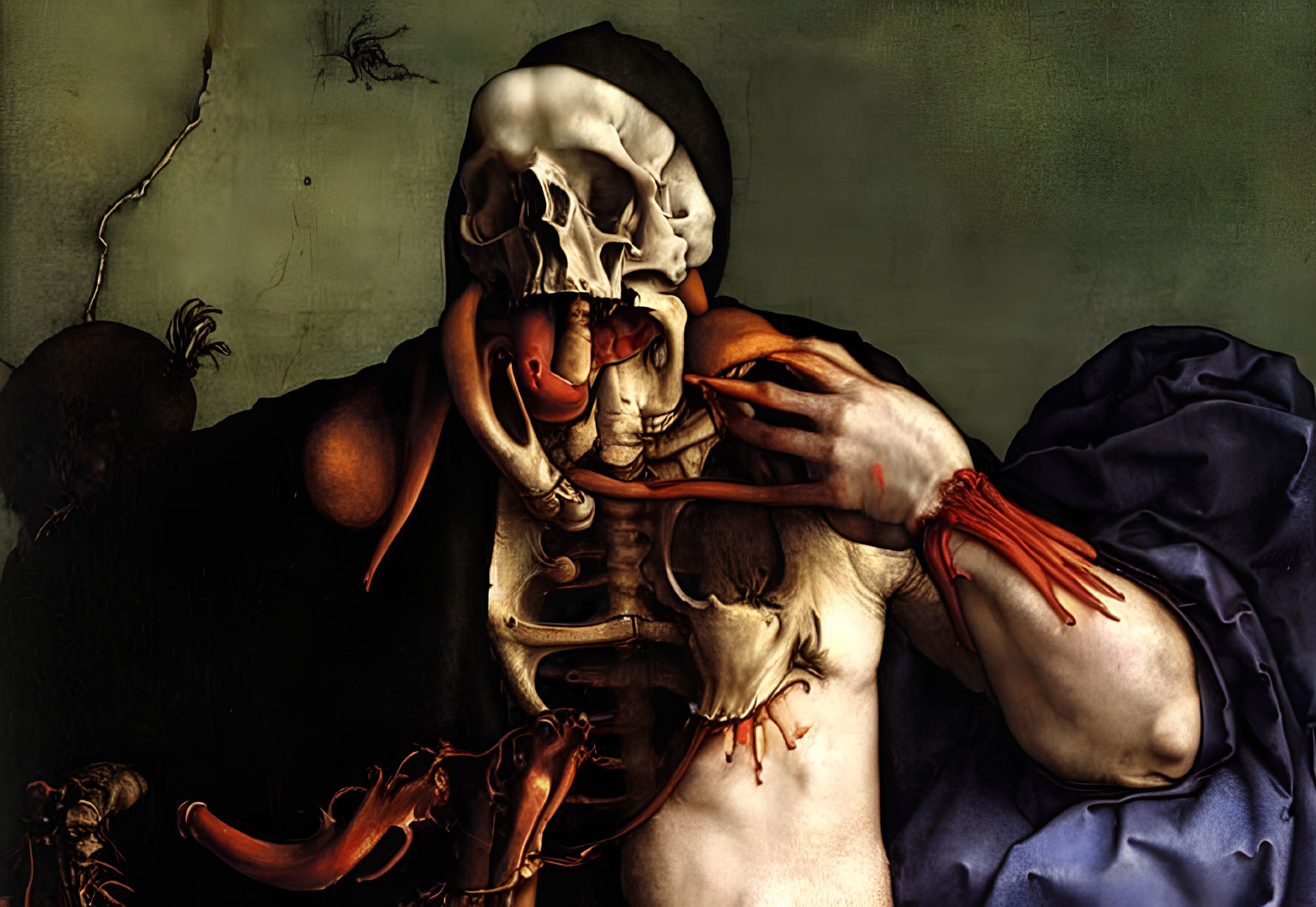 Dark Art: Skull-headed humanoid in skeletal chest, muscular arms, dramatic lighting.