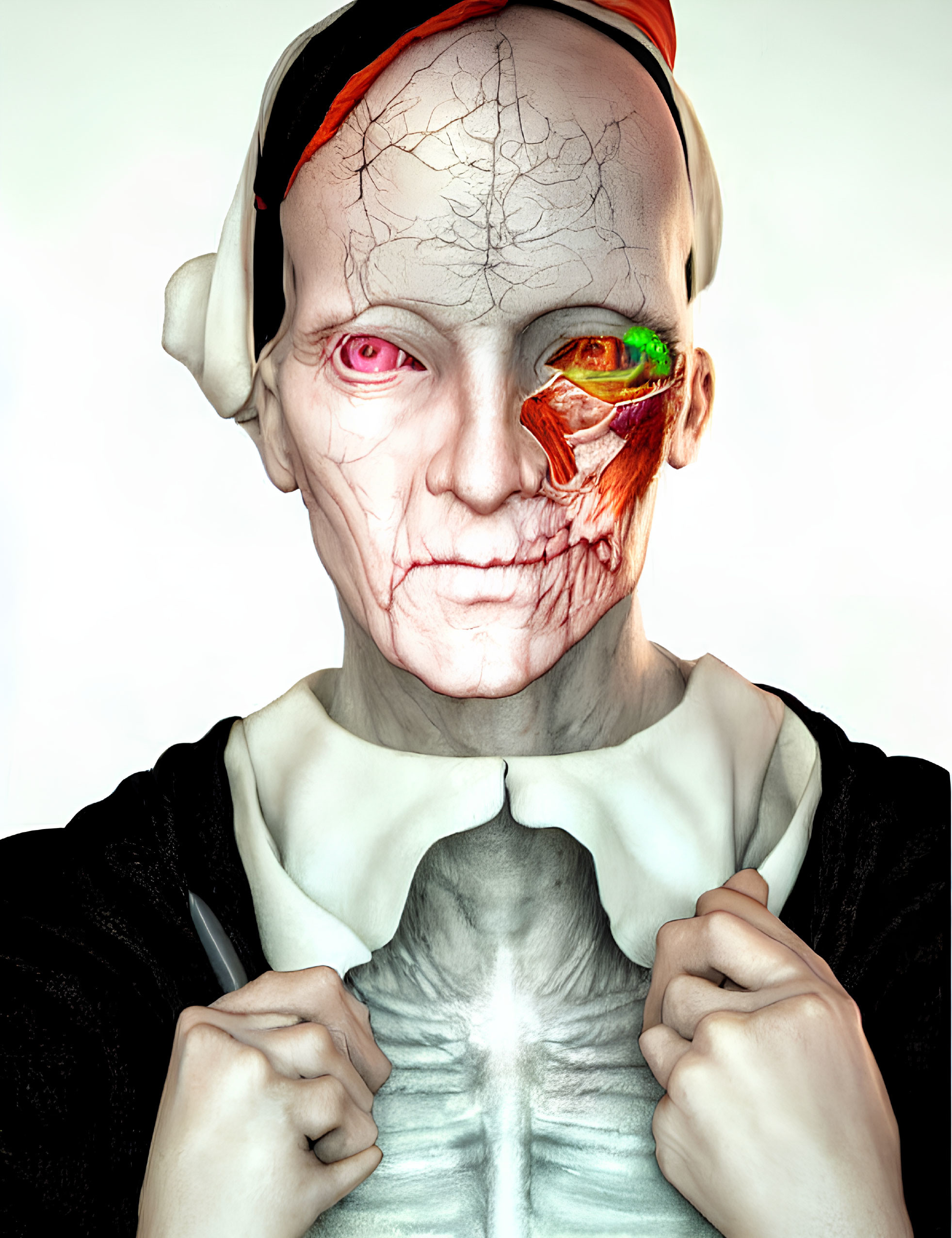 Digital artwork: Person with skeletal features, pink eyes, fragmented skin, maid outfit, and headset in