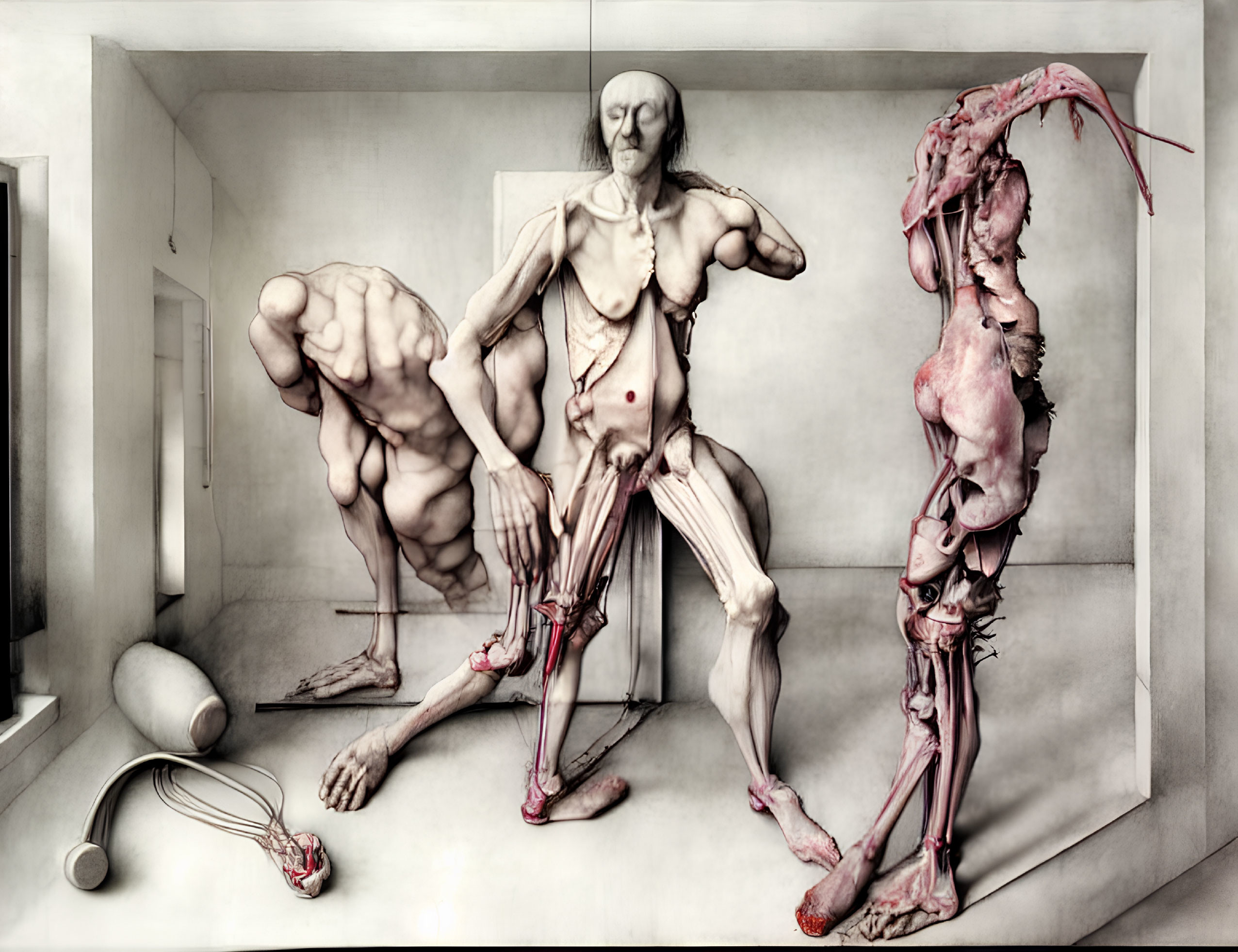 Hyper-realistic anatomical exhibition with dissected human figures and internal structures exposed