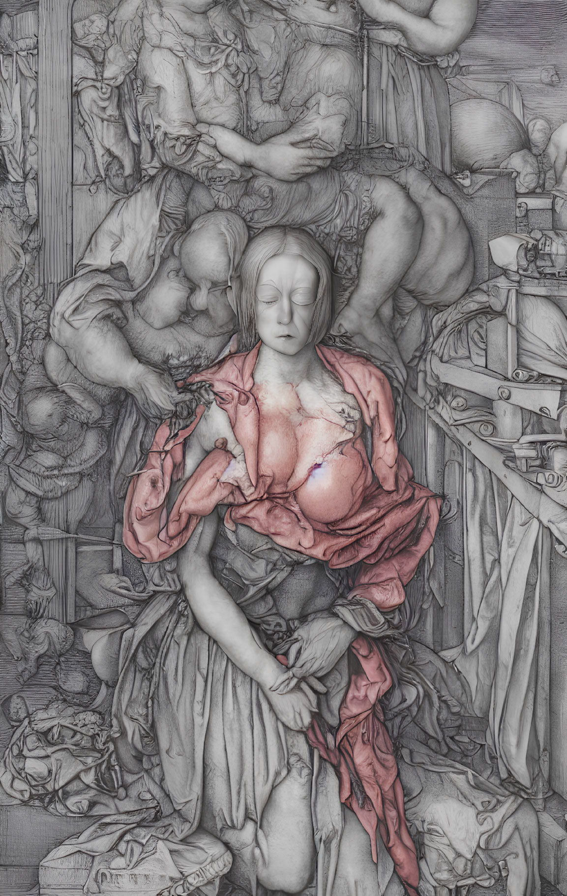 Grayscale image with central colored figure surrounded by chaotic details