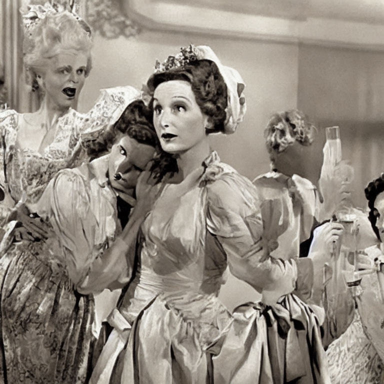 Vintage Black-and-White Photo of Two Women in Period Costumes Whispering