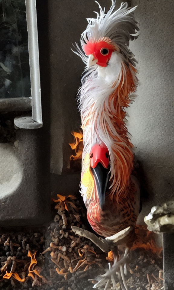 Colorful artificial bird with red and white plumage and plastic eyes beside small figurine in decorative setup