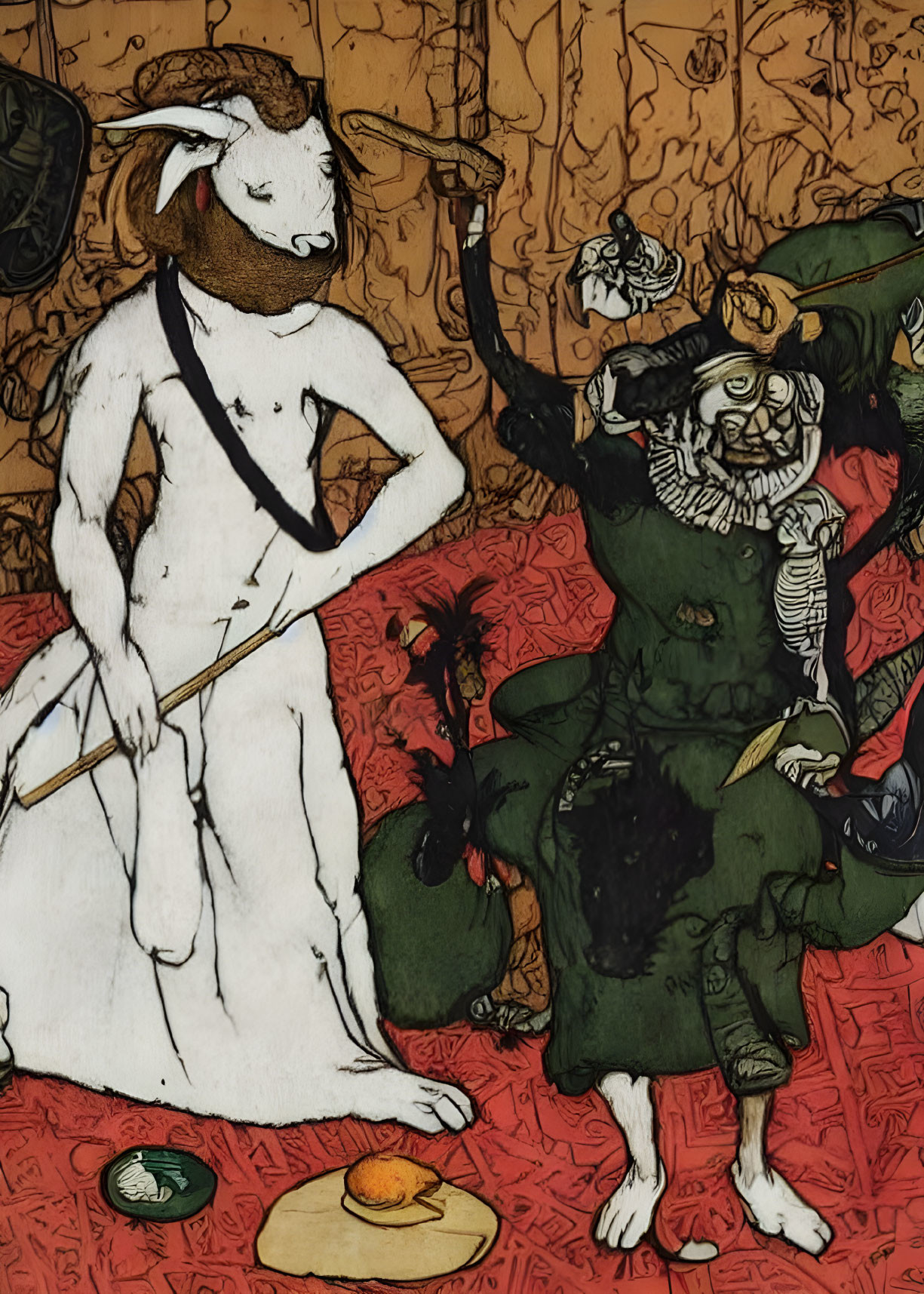 Anthropomorphic goat playing lute with dancing skeleton in medieval setting