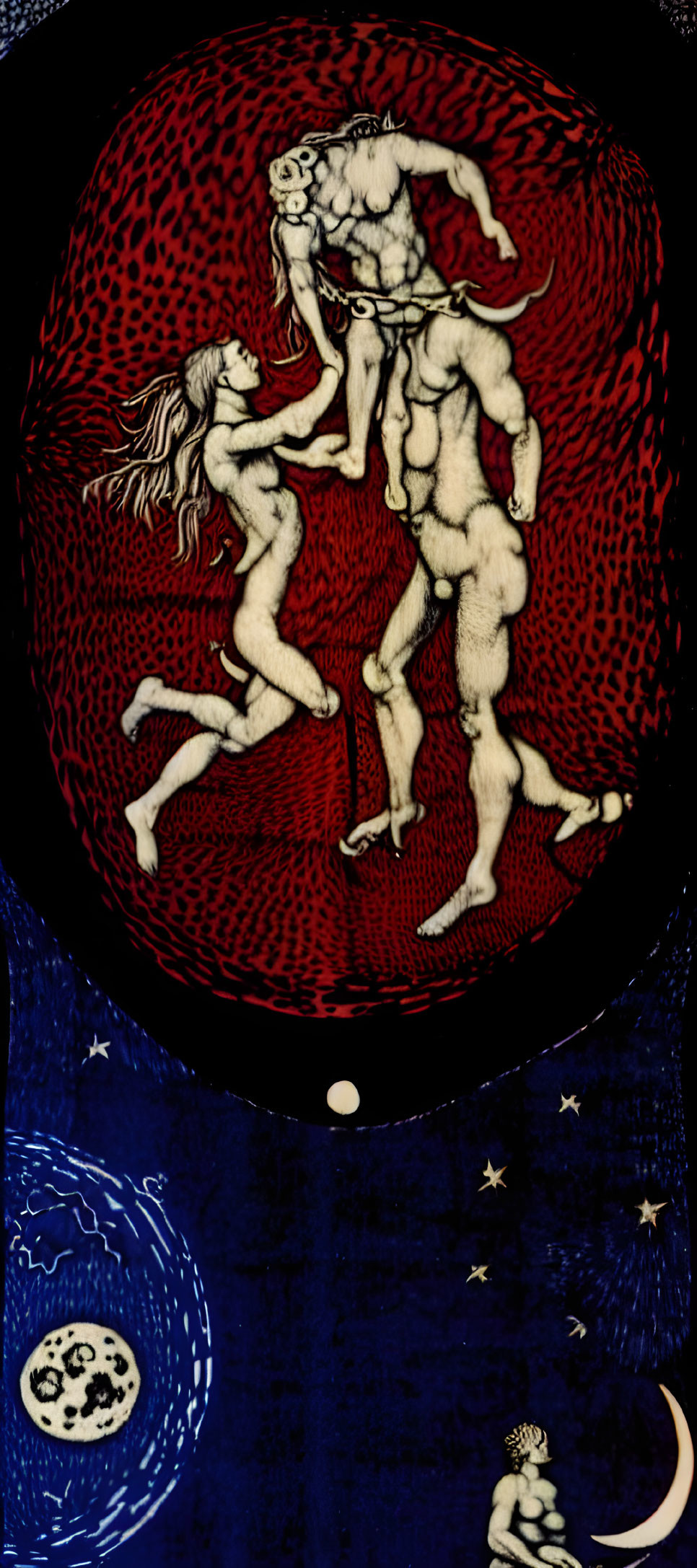 Illustration of four nude figures in celestial realms with stars and moon.