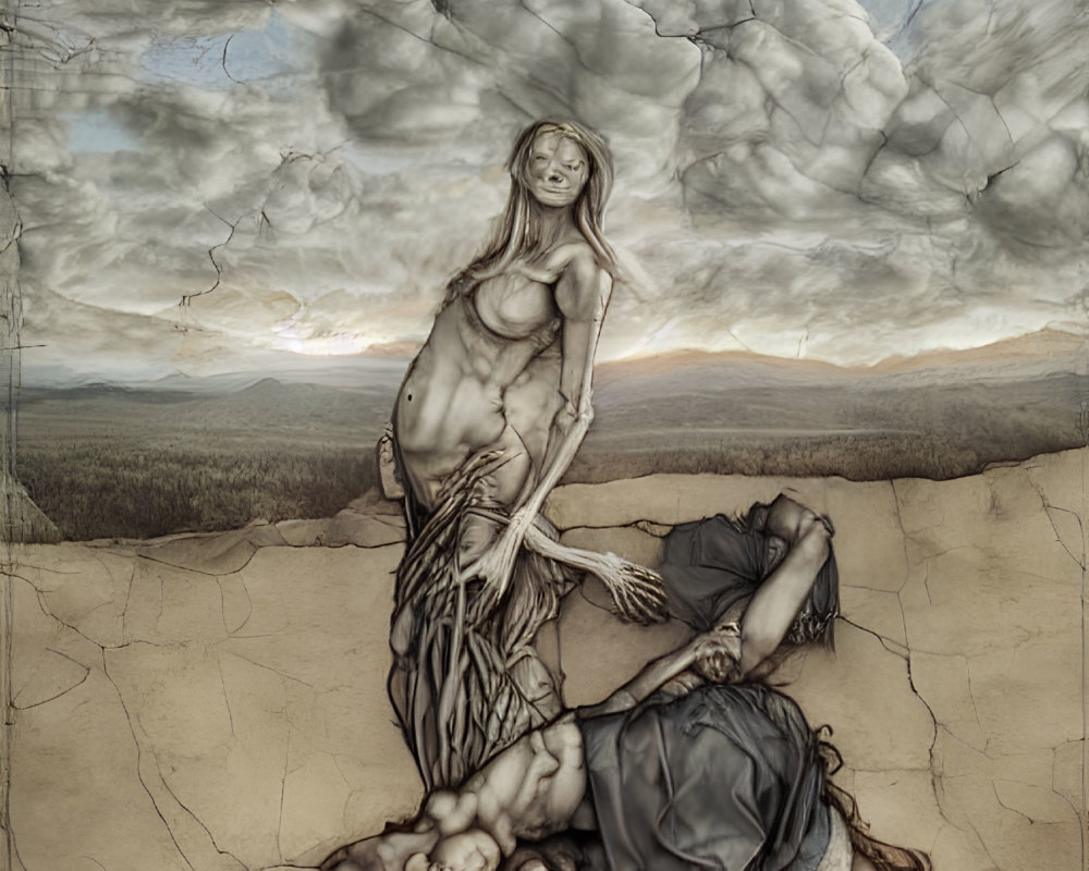 Surreal artwork of nude female figure with elongated limbs in desolate landscape