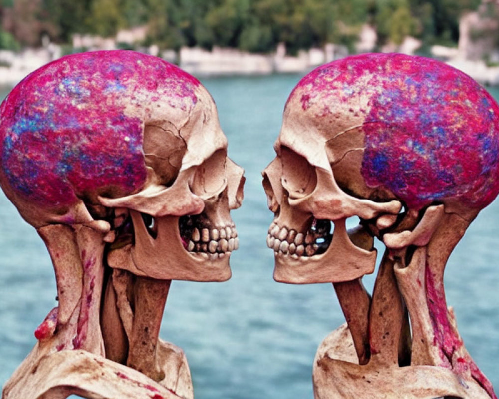 Colorful artistic skulls facing each other in nature setting