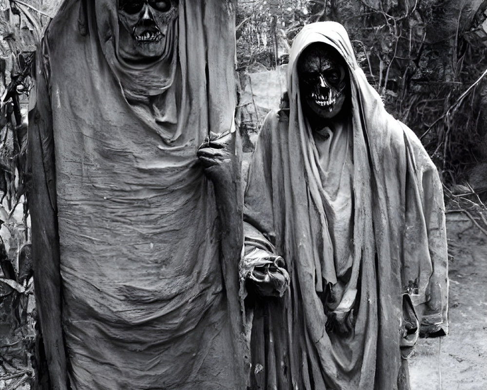 Two skull-like masked figures in tattered cloaks in a desolate setting