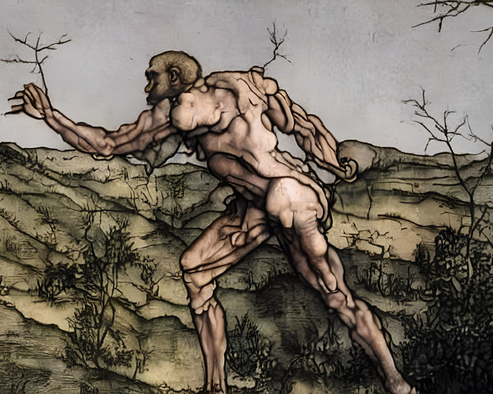 Muscular humanoid figure with animal head in dynamic pose against barren landscape