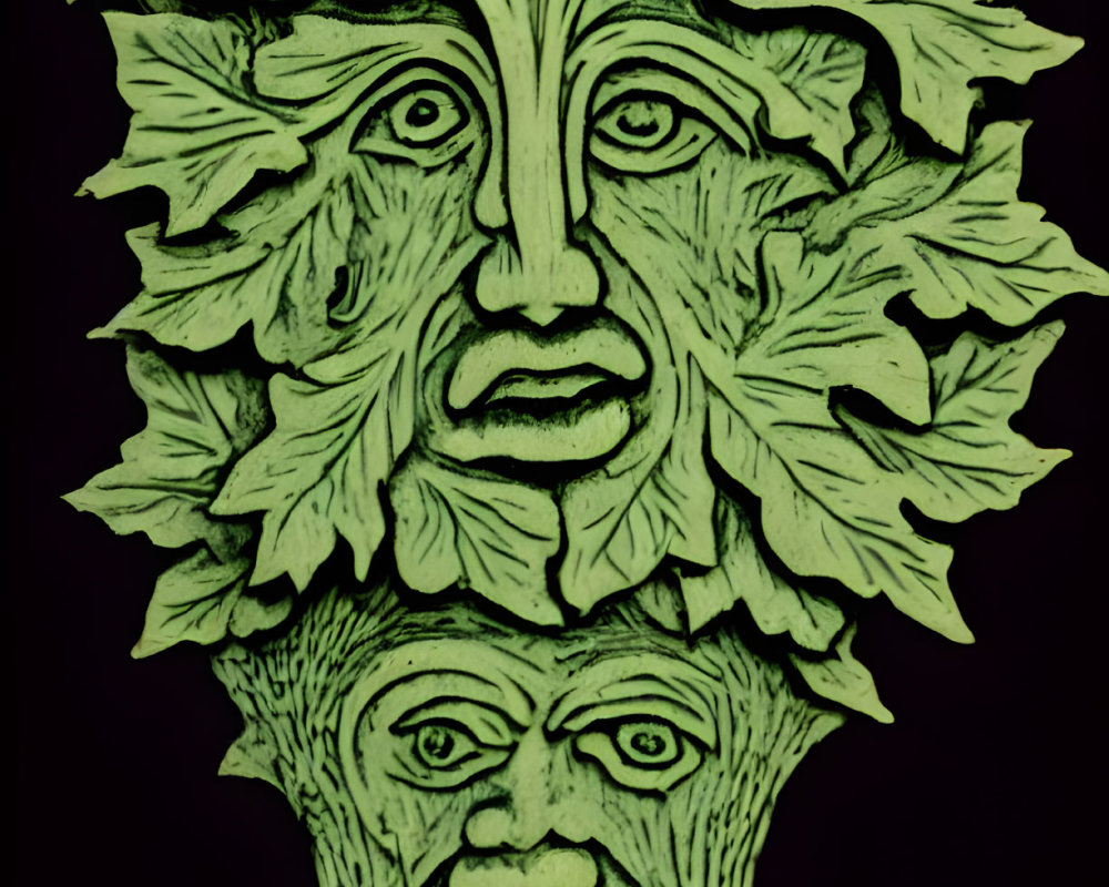 Green Man Motif: Intricate Leaf Faces in Green Tones