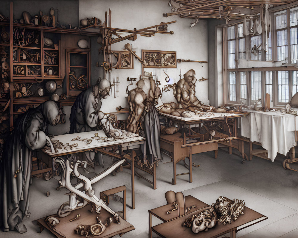 Detailed Workshop Illustration: Four Anthropomorphic Figures Crafting Wooden Mechanisms