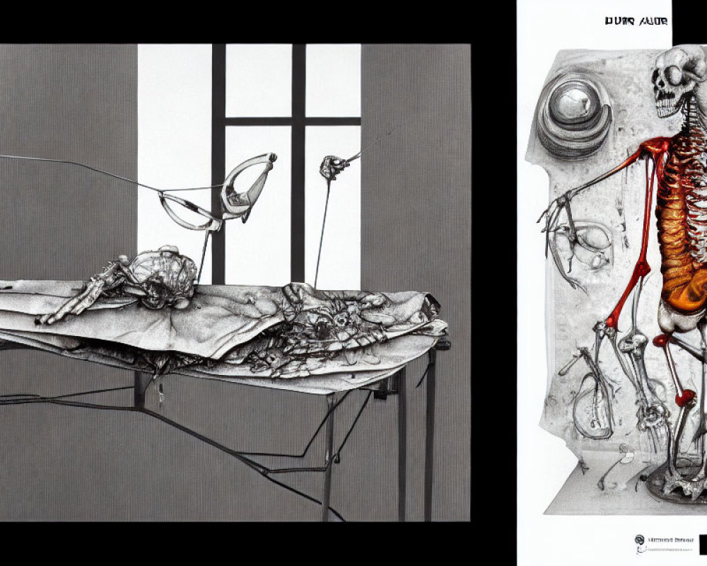 Monochromatic insect dissection scene with detailed anatomical sketches