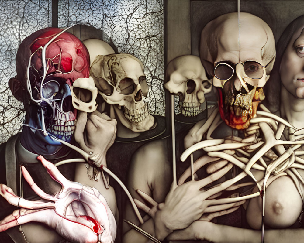 Surreal artwork blending human anatomy with "The Creation of Adam" by Michelangelo - skulls,