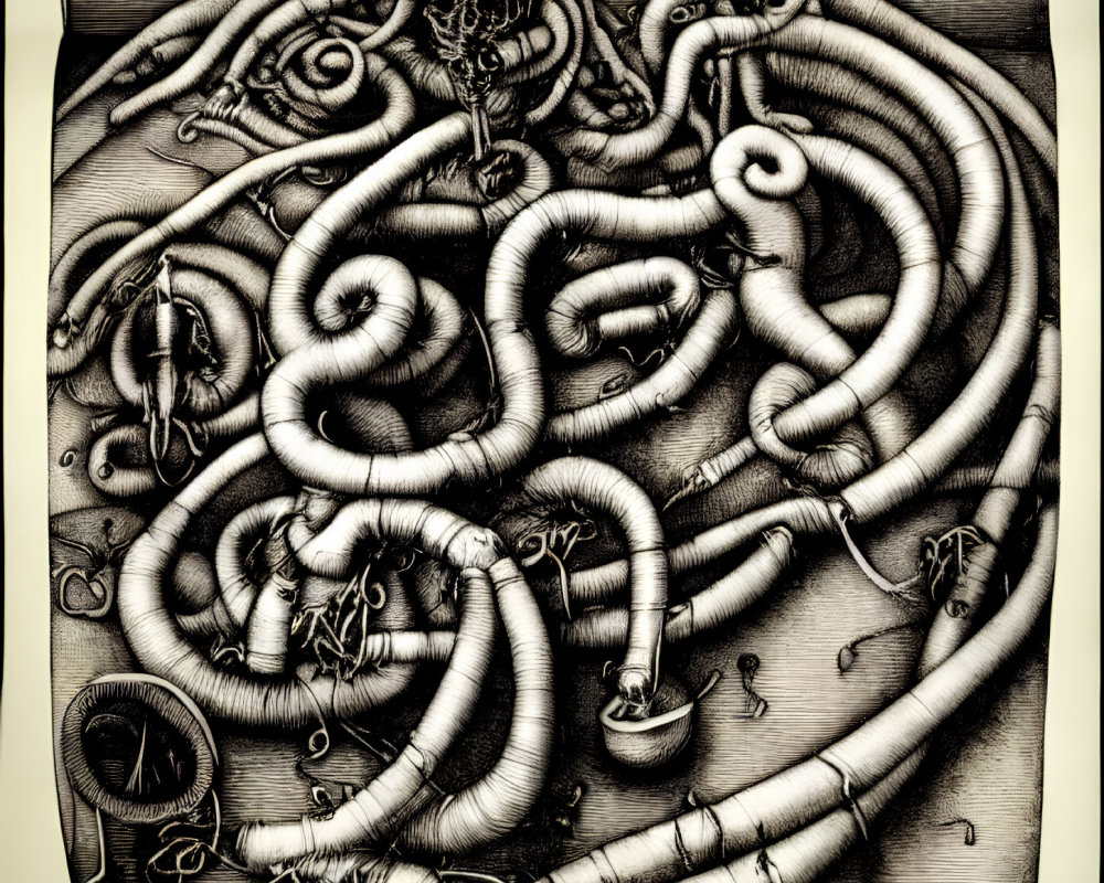 Detailed Greyscale Drawing of Intricate Network of Intertwined Tubes