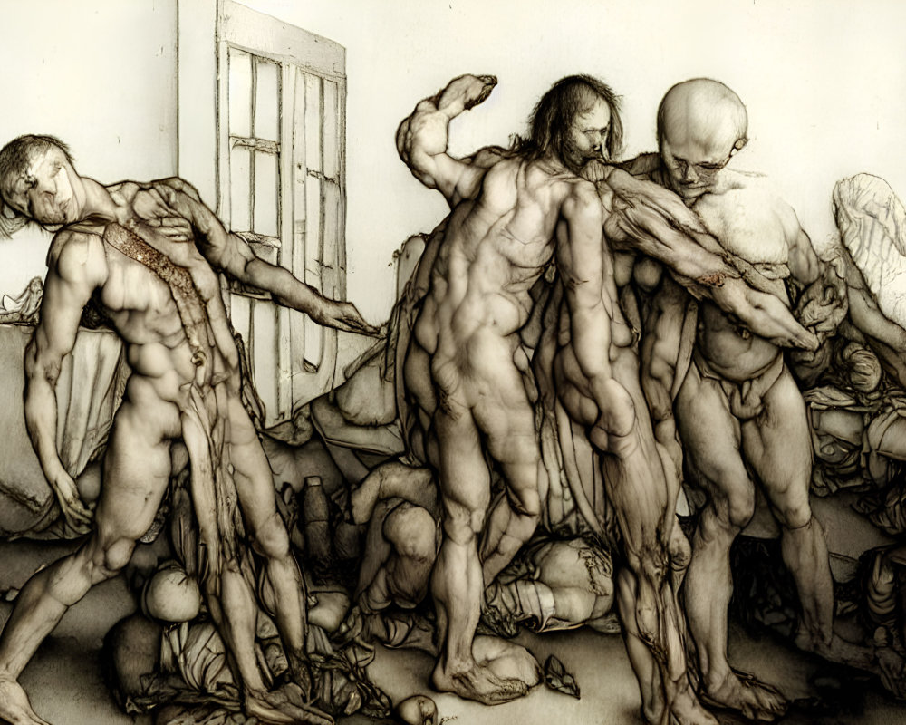 Distorted human figures intertwined in dim sepia-toned room