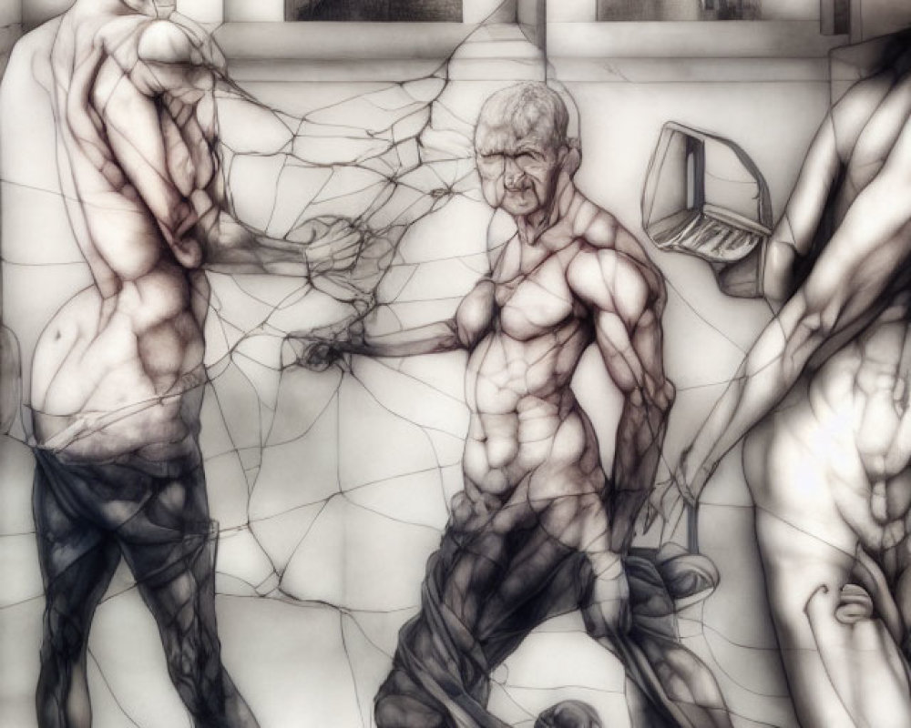 Three muscular male figures with intricate lines in surreal artwork.