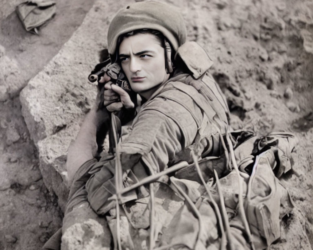 Prone soldier in helmet aims rifle on rocky terrain