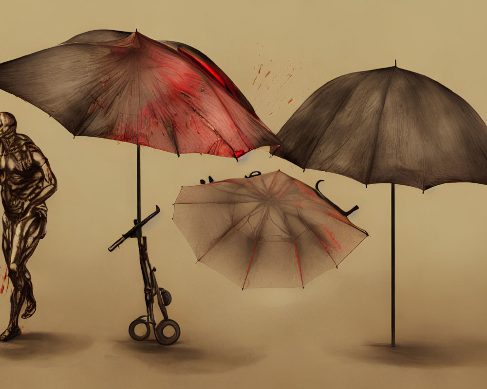 Sketch of humanoid figure running with splatter effect next to three umbrellas, two upright and one inverted