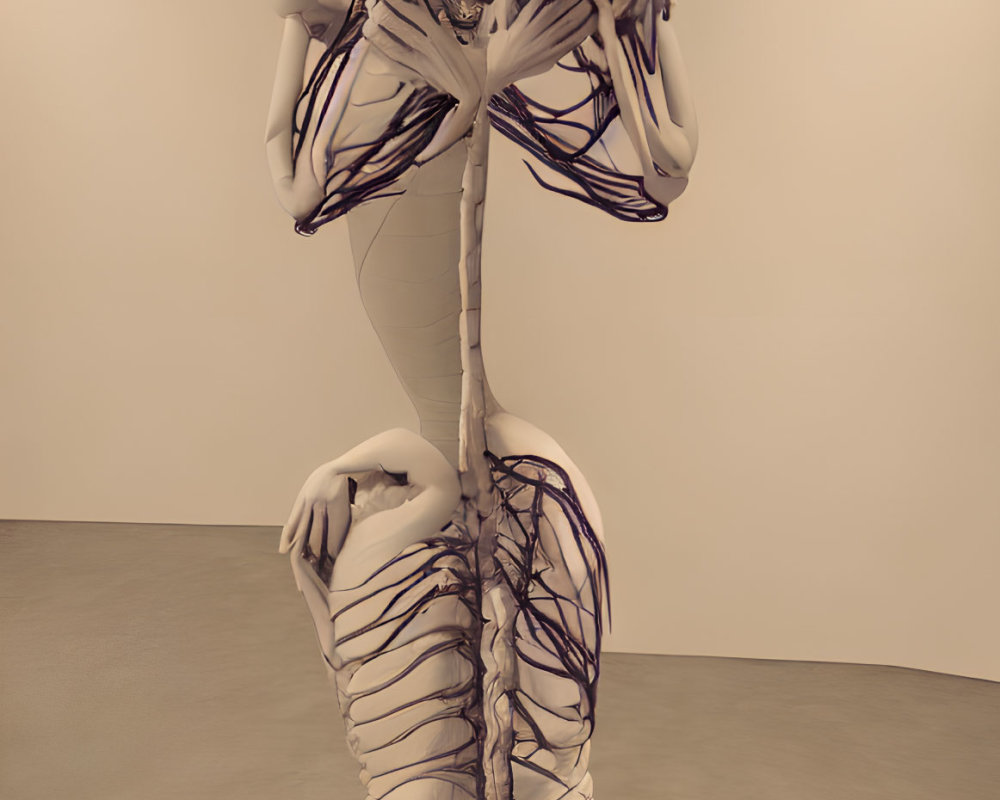 Surreal humanoid sculpture with elongated limbs and oversized hands and feet