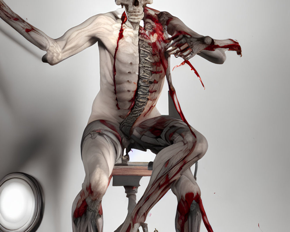 Detailed Skeleton Anatomy Illustration with Muscles, Chess Pieces, and Blood Splashes