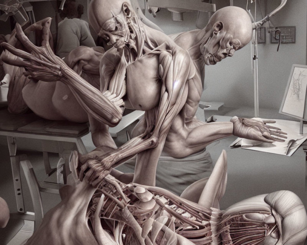 Detailed Anatomical Illustration of Human Musculature in Dissection Room