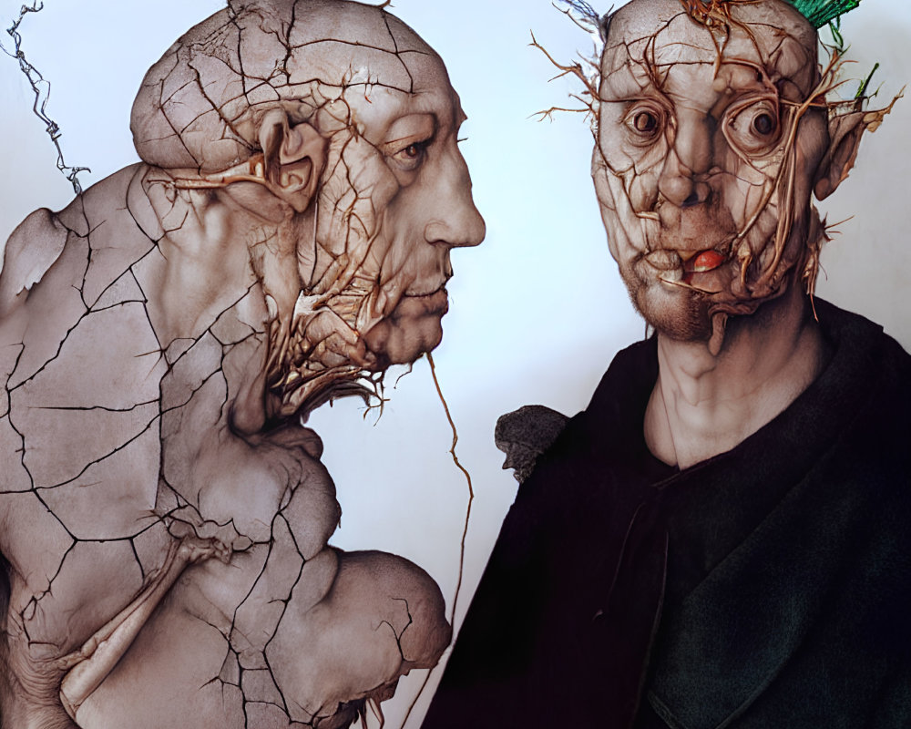 Stylized textured figures with split, veiny skin facing each other