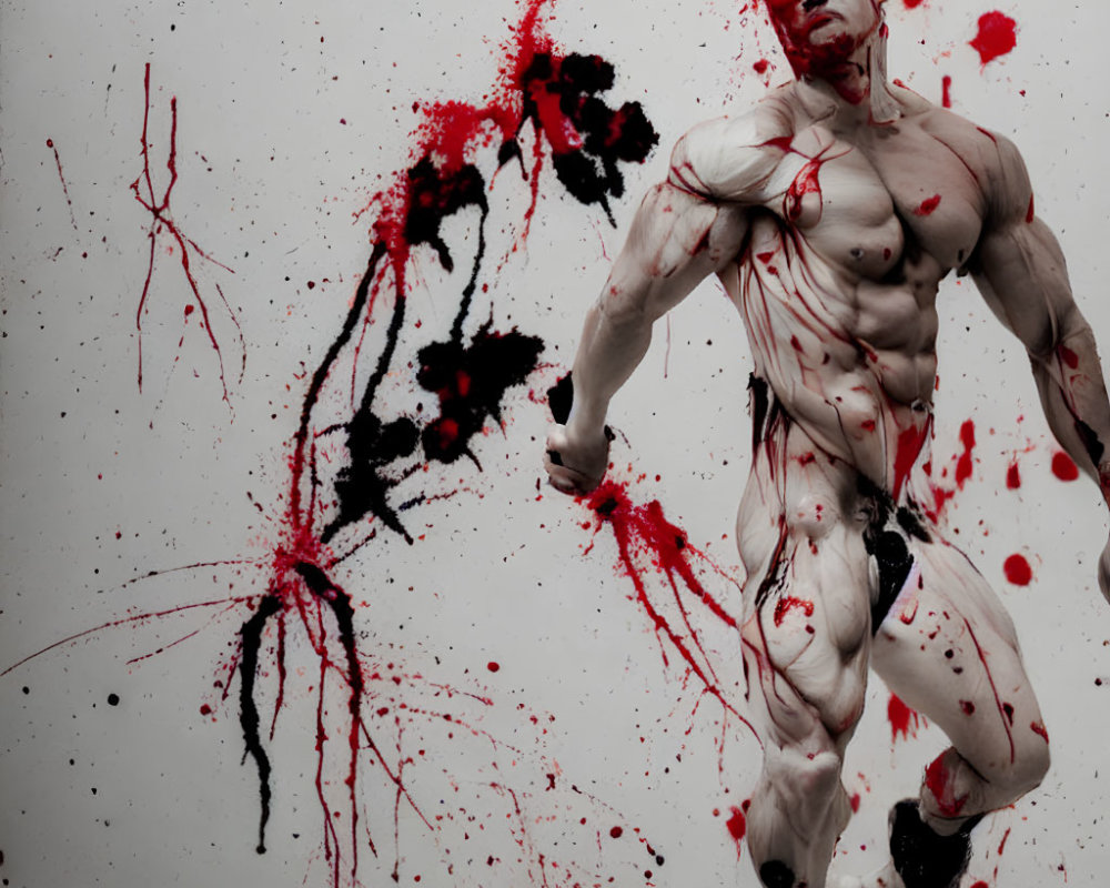 Muscular figure covered in red paint splatters against dramatic background