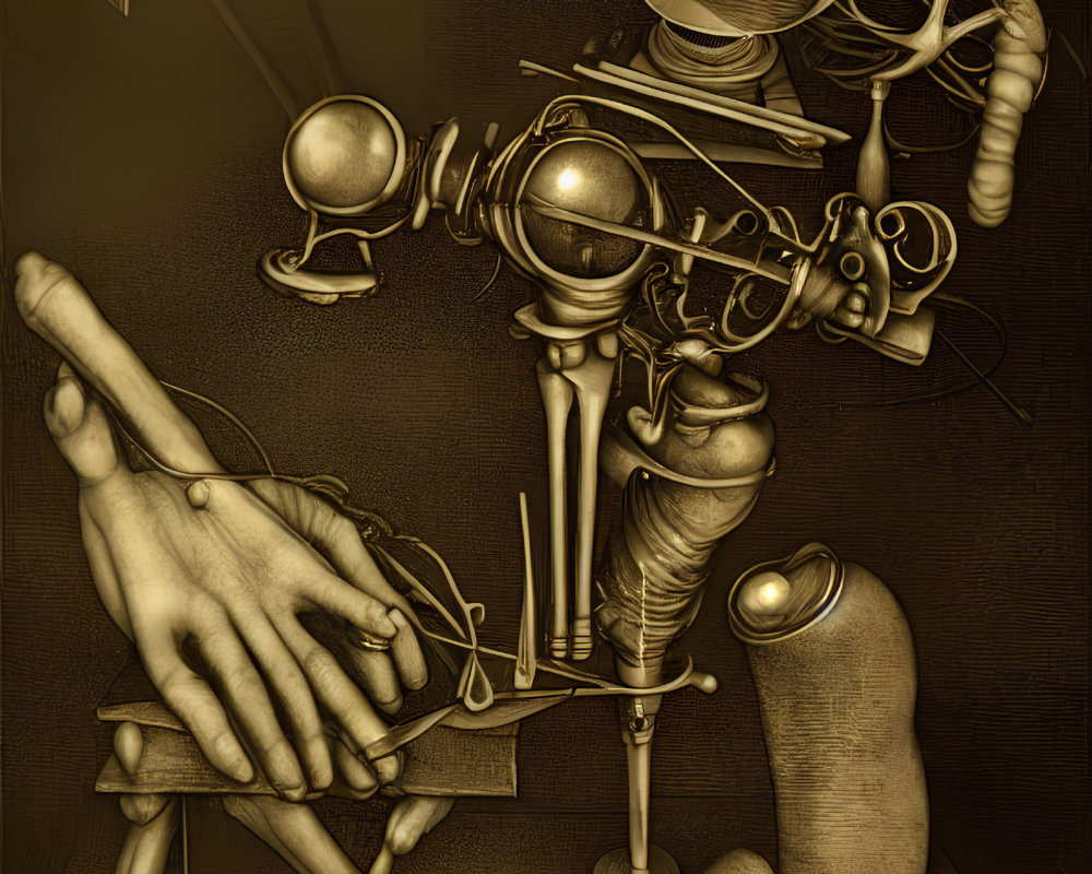 Surreal steampunk artwork with mechanical limbs and phonograph head