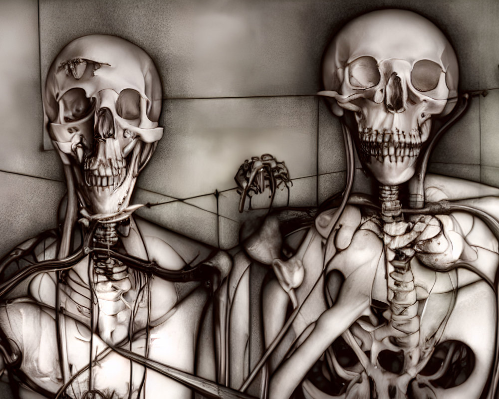 Artistic filter enhances skeletons in curious interaction.