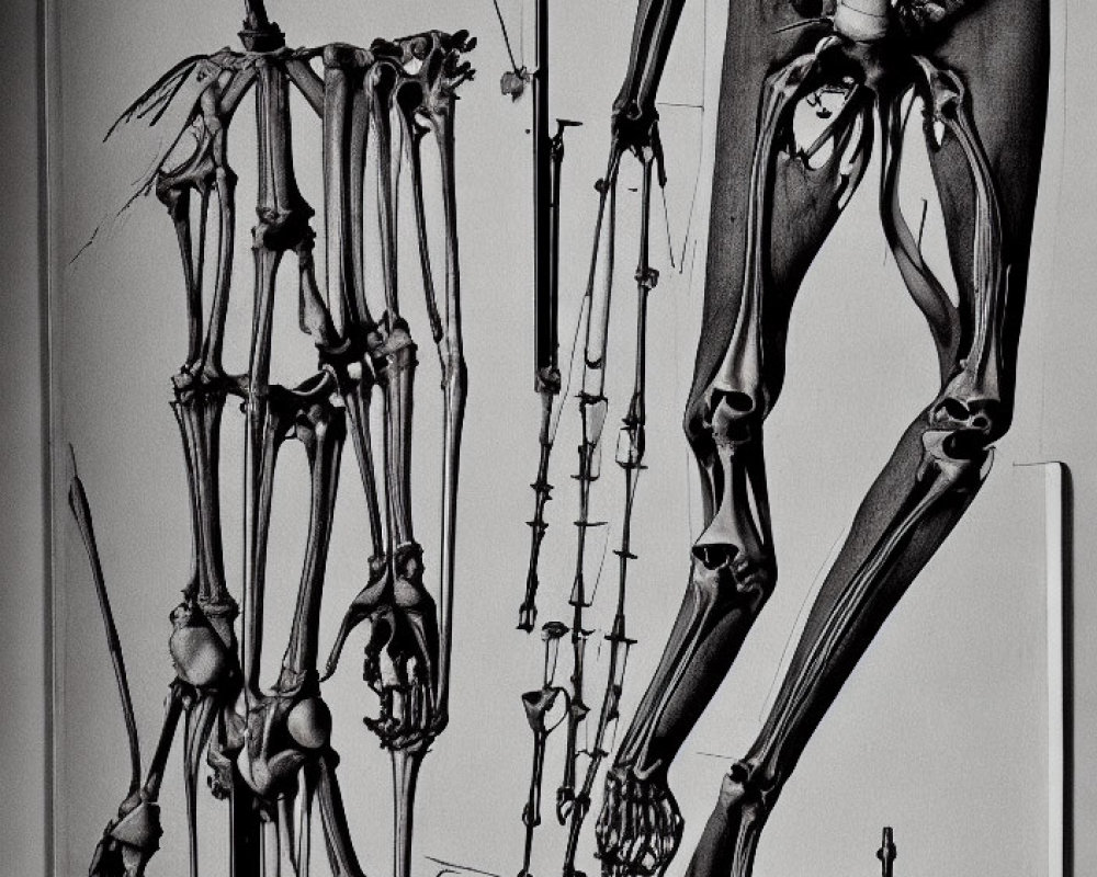 Detailed X-ray of full human skeletal structure with surgical instruments