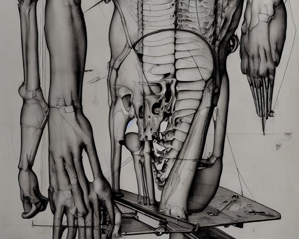 Monochrome anatomical illustration with skeletal and muscular structures and mechanical elements