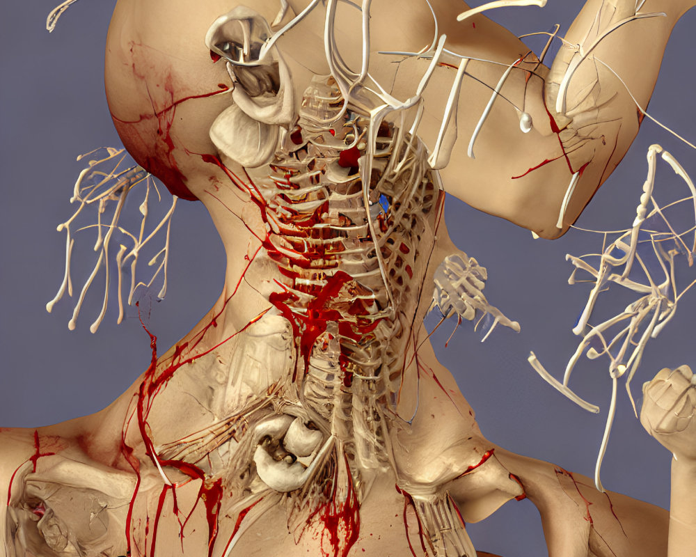 Anatomical figure with exposed skeleton at desk with typewriter and splattered ink.