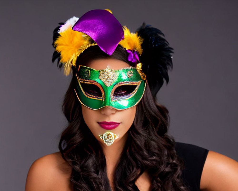 Colorful Feathered Mask and Purple Hat on Woman in Black Outfit