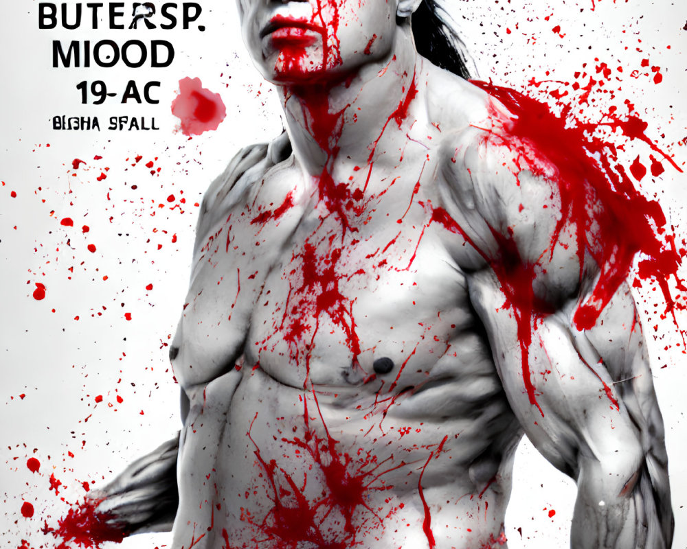 Shirtless muscular figure splattered in red paint with non-English text