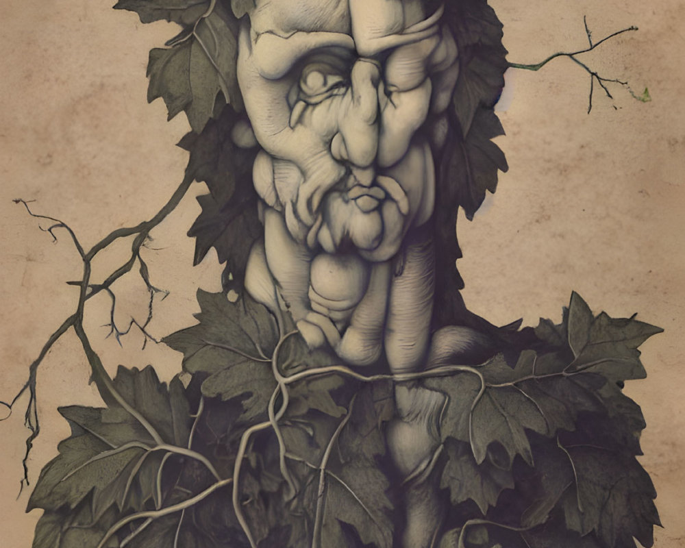 Green Man Illustration with Leaf and Vine Face on Aged Paper Background