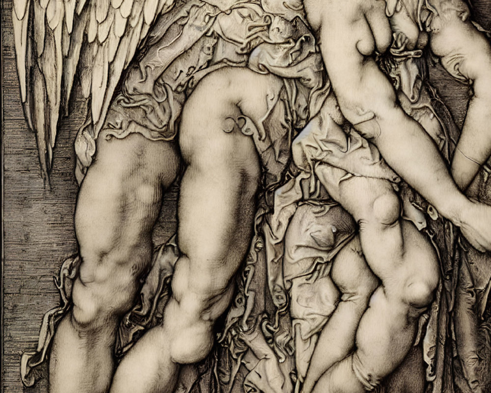 Detailed monochrome angel illustration with intricate wings and muscular anatomy