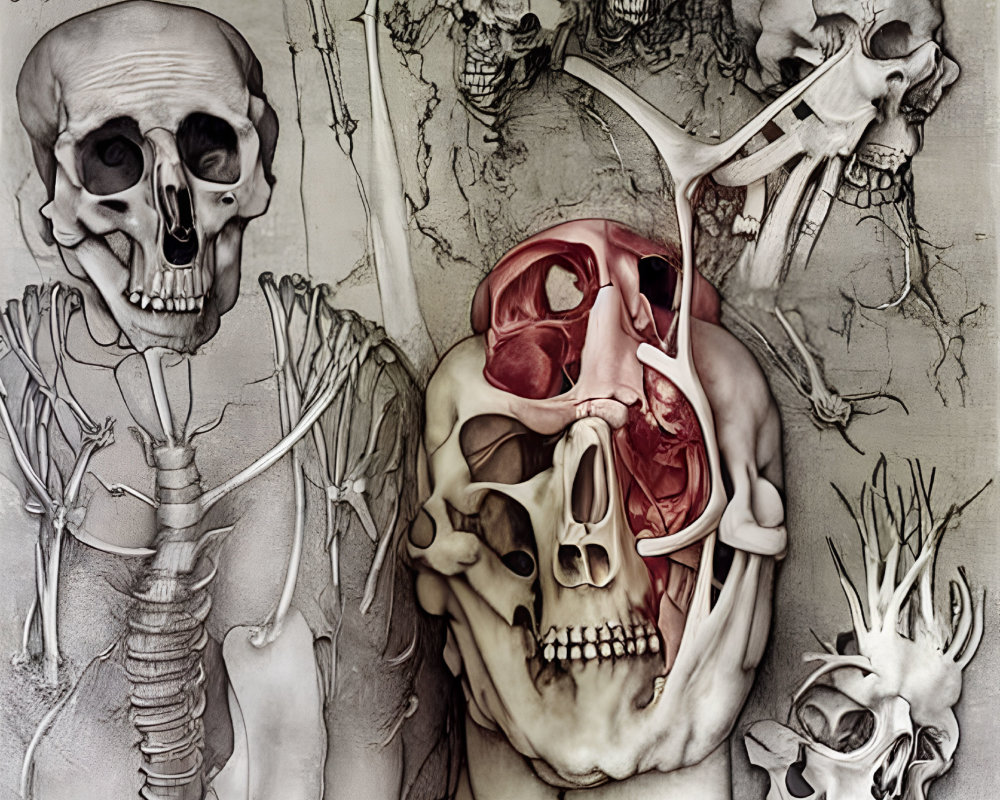 Detailed Anatomical Illustration of Human Skulls and Skeletal Structures