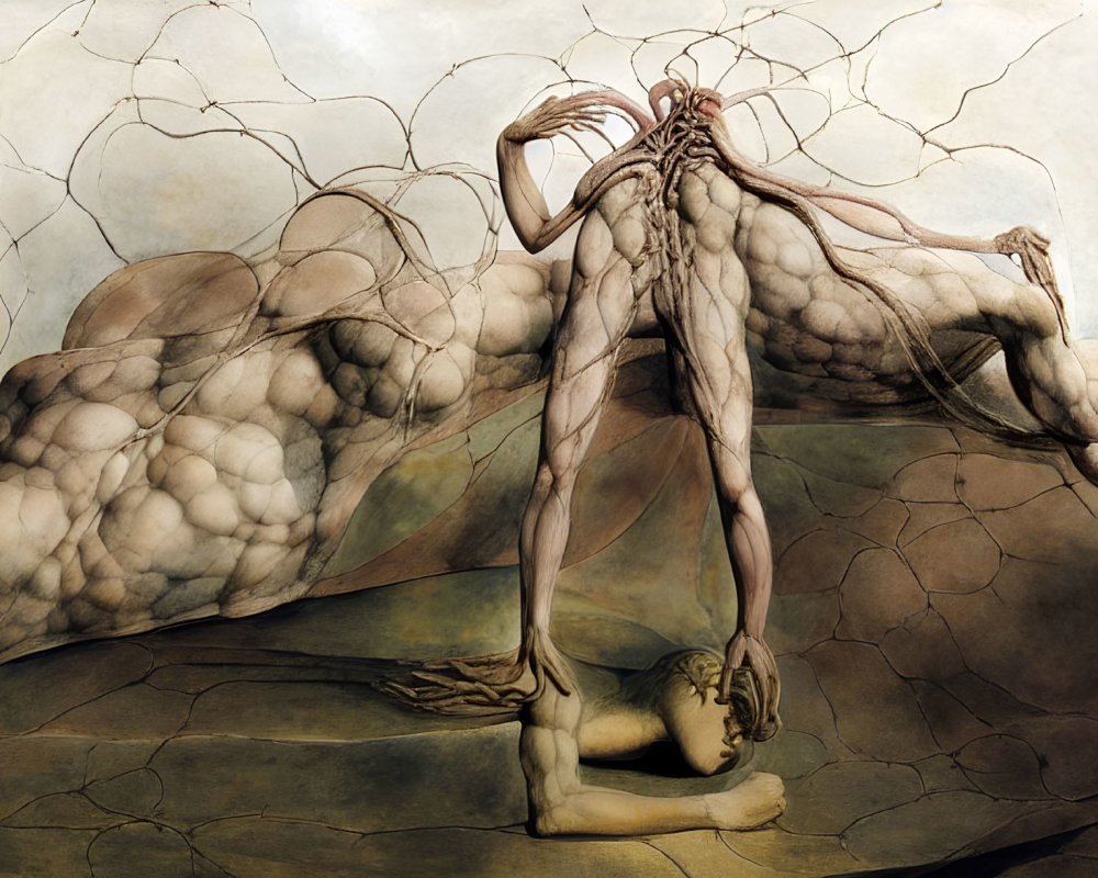 Surreal artwork: Human figures intertwined with tree-like anatomy in cracked landscape under webbed sky