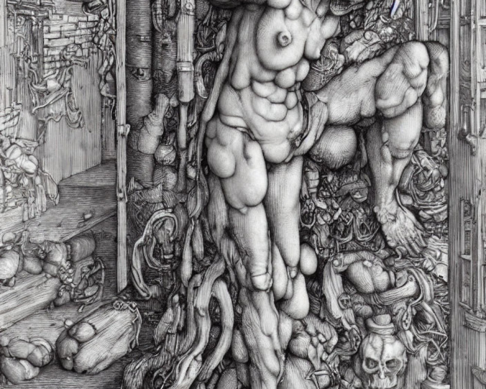 Detailed black and white surreal figure amid skulls and debris