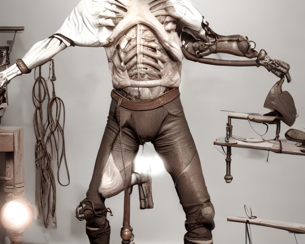 Surreal cowboy artwork with exposed skeletal torso and lasso on Western-themed background